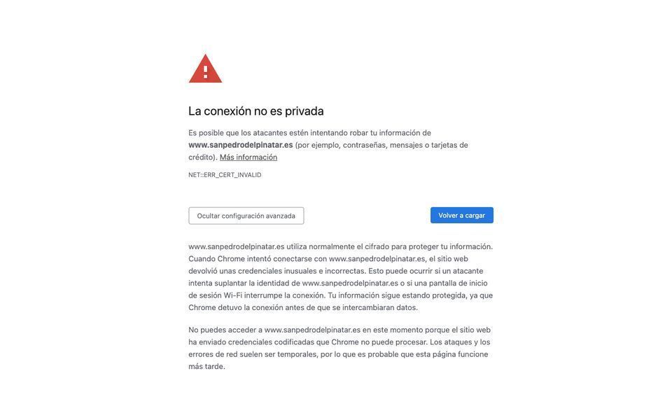 Página web oficial del ayuntamiento de San Pedro del Pinatar con problemas